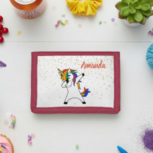 Unicorn Rainbow Dabbing Stars Personalized Trifold Wallet