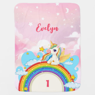 Unicorn Rainbow Design with Custom Name & Age Baby Blanket