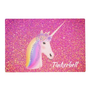 Unicorn Rainbow Fantasy Pink Gold Glitter Placemat