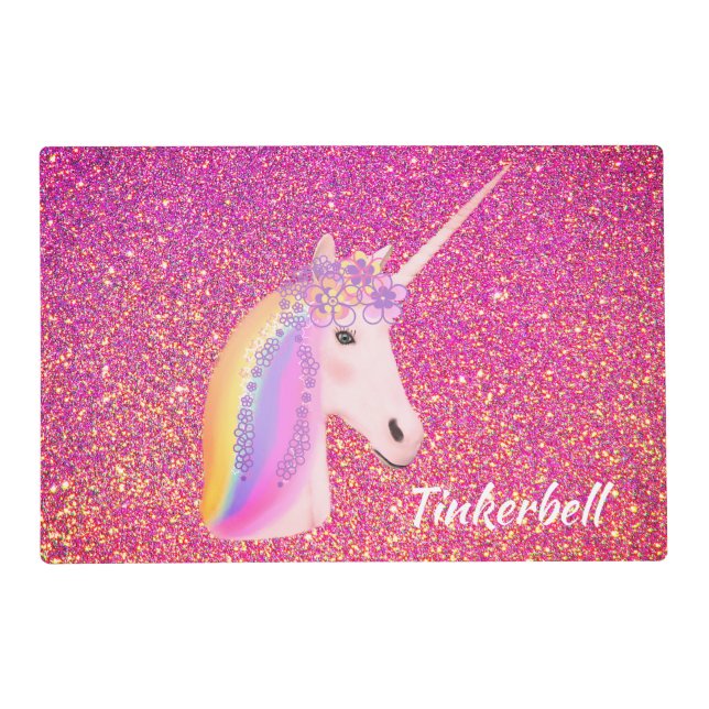 Unicorn Rainbow Fantasy Pink Gold Glitter Placemat (Front)