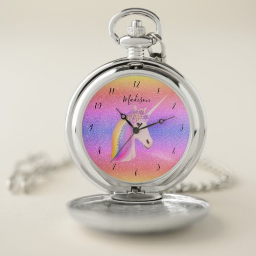 Unicorn Rainbow Faux Glitter Personalized Pocket Watch