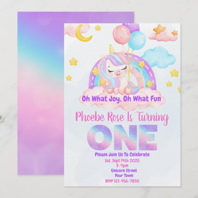 Unicorn Rainbow First Birthday Party Invitation (Front/Back)
