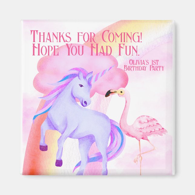 Unicorn Rainbow Flamingo Birthday Party Favor Magnet (Front)