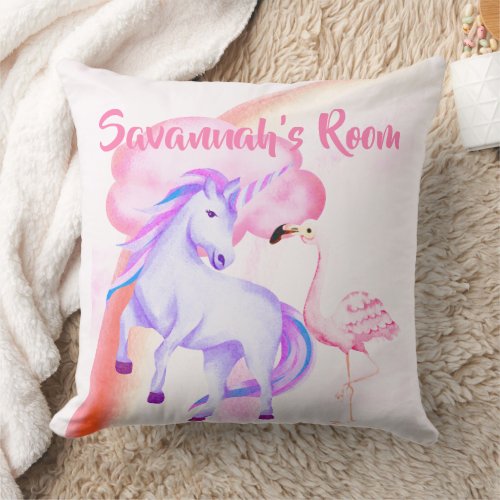 Unicorn Rainbow Flamingo Custom Girls Nursery Throw Pillow