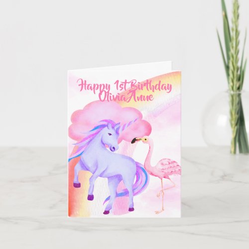 Unicorn Rainbow Flamingo Girls 1st Birthday Card