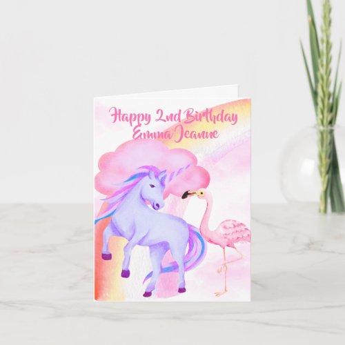 Unicorn Rainbow Flamingo Girls 2nd Birthday Card