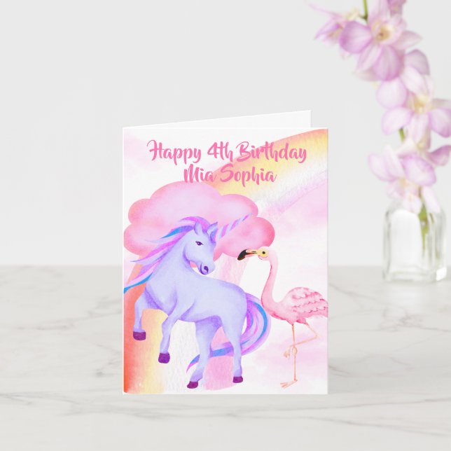 Unicorn Rainbow Flamingo Girls 4th Birthday Card (Orchid)