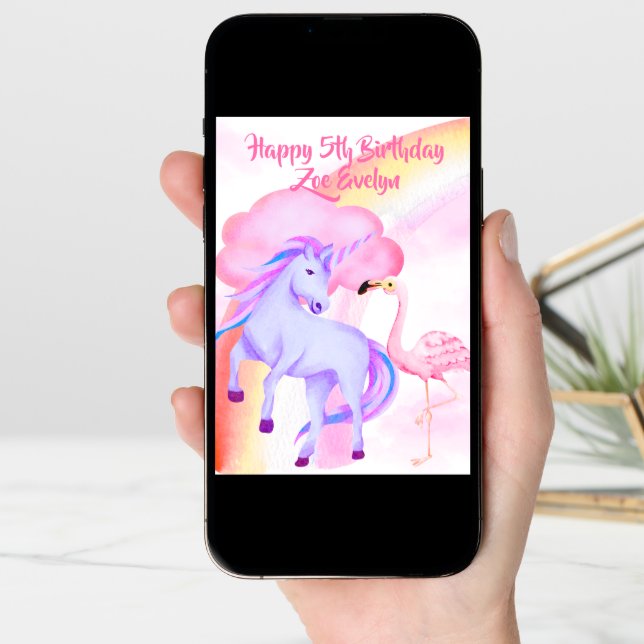 Unicorn Rainbow Flamingo Girls 5th Birthday Card (Front Digital)