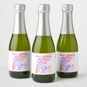 Unicorn Rainbow Flamingo Girls Birthday Party Mom Sparkling Wine Label