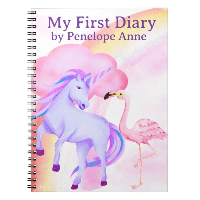 Unicorn Rainbow Flamingo Girls Diary Personalized Notebook (Front)