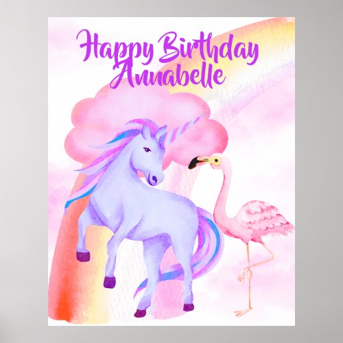 Unicorn Rainbow Flamingo Kids Birthday Party Poster