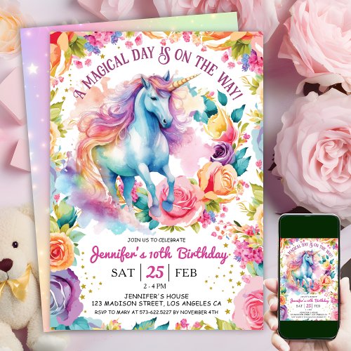 Unicorn Rainbow Floral Bloom  10th Birthday  Invitation