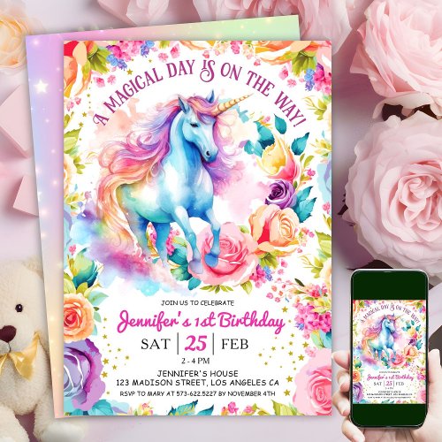 Unicorn Rainbow Floral Bloom  1st Birthday Invitation