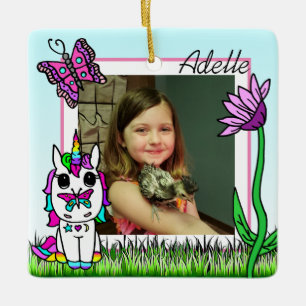 Unicorn, Rainbow, Flower Name and Photo Christmas Ceramic Ornament