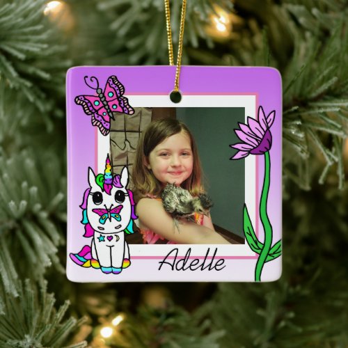 Unicorn Rainbow Flower Name and Photo Christmas Ceramic Ornament