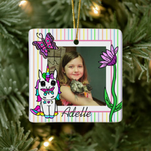 Unicorn, Rainbow, Flower Name and Photo Christmas Ceramic Ornament