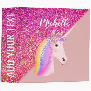 Unicorn Rainbow Flowers Pink Glitter Personalized 3 Ring Binder