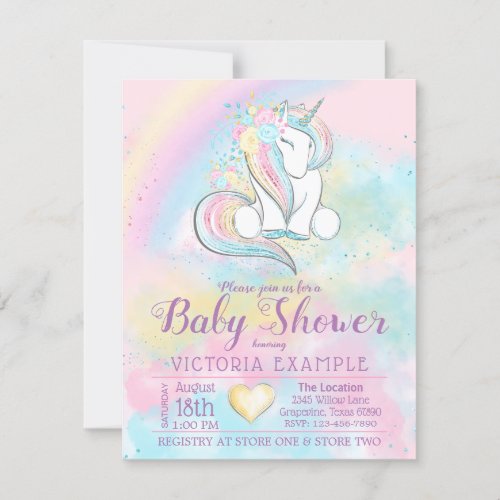 Unicorn Rainbow Girl Baby Shower Invitations