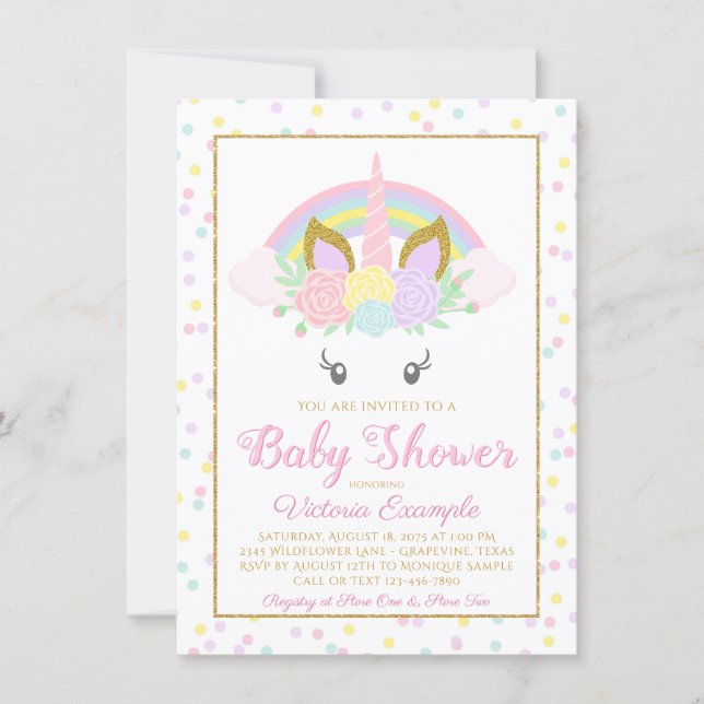 Unicorn Rainbow Girl Baby Shower Invitations (Front)