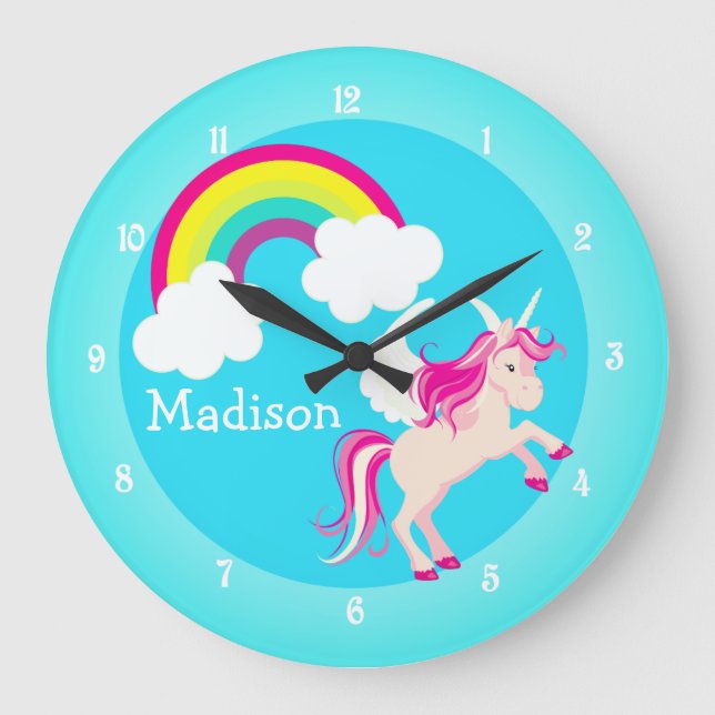 Unicorn Rainbow Girl Cute Custom Girls Bedroom Large Clock (Front)