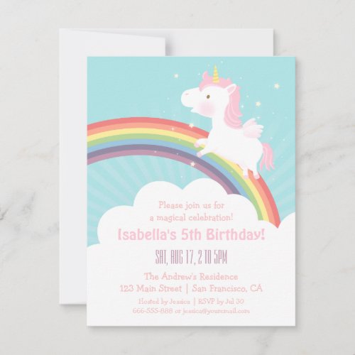 Unicorn Rainbow Girls Birthday Party Invitations