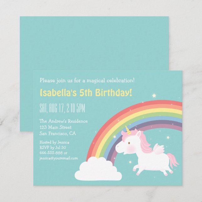Unicorn Rainbow Girls Birthday Party Invitations (Front/Back)