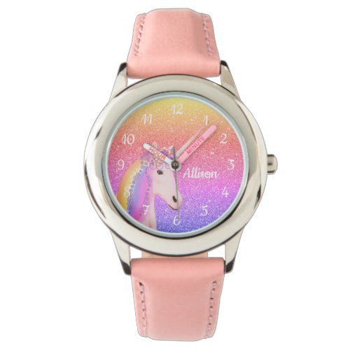 Unicorn Rainbow Glitter Blush Pink Personalized Watch