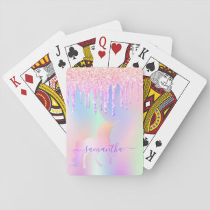 Unicorn rainbow glitter drips monogram playing cards