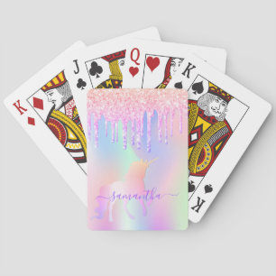 Unicorn rainbow glitter drips monogram poker cards
