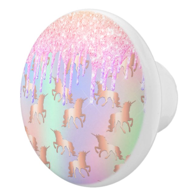 Unicorn rainbow glitter drips pink purple mint ceramic knob (Right)