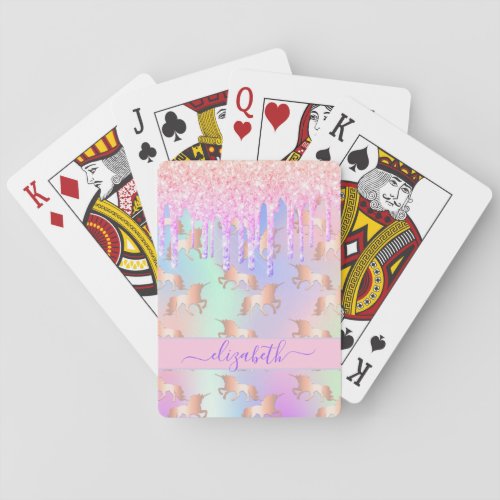 Unicorn rainbow glitter drips pink purple monogram playing cards