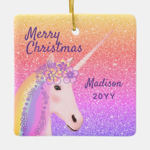 Unicorn Rainbow Glitter Merry Christmas Kids Name Ceramic Ornament