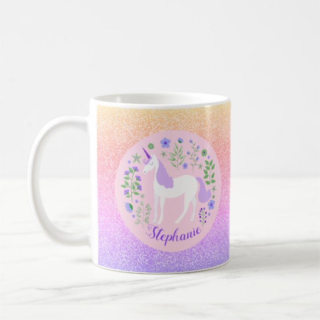 Unicorn Rainbow Glitter Personalized Name Coffee Mug (Left)