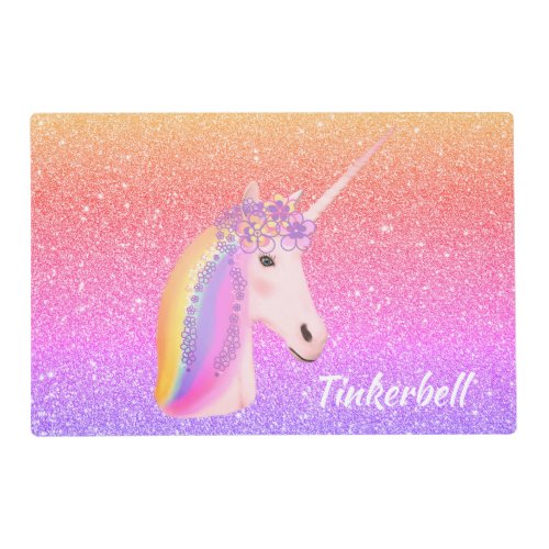 Unicorn Rainbow Glitter Personalized Placemat