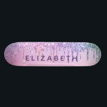 Unicorn Rainbow Glitter Personalized Skateboard<br><div class="desc">Personalized girly skateboard featuring unicorn rainbow colors of faux glitter dripping against a pink background. Add a name in a purple typography.</div>