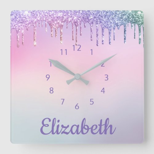 Unicorn Rainbow Glitter Personalized Square Wall Clock