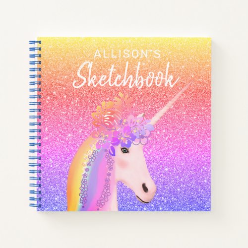 Unicorn Rainbow Glitter Sketchbook Name Script Notebook