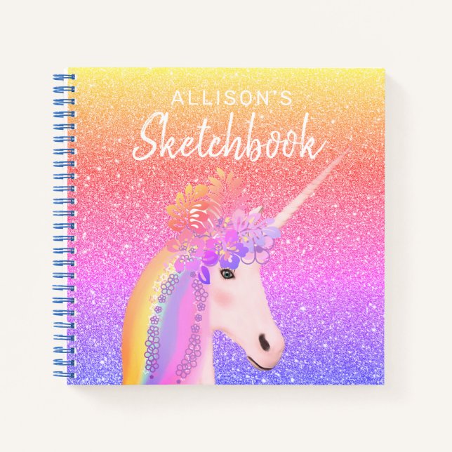 Unicorn Rainbow Glitter Sketchbook Name Script Notebook (Front)