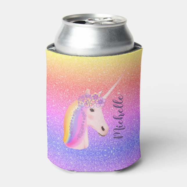 Unicorn Rainbow Glitter Sparkle Personalized Can Cooler (Can Front)
