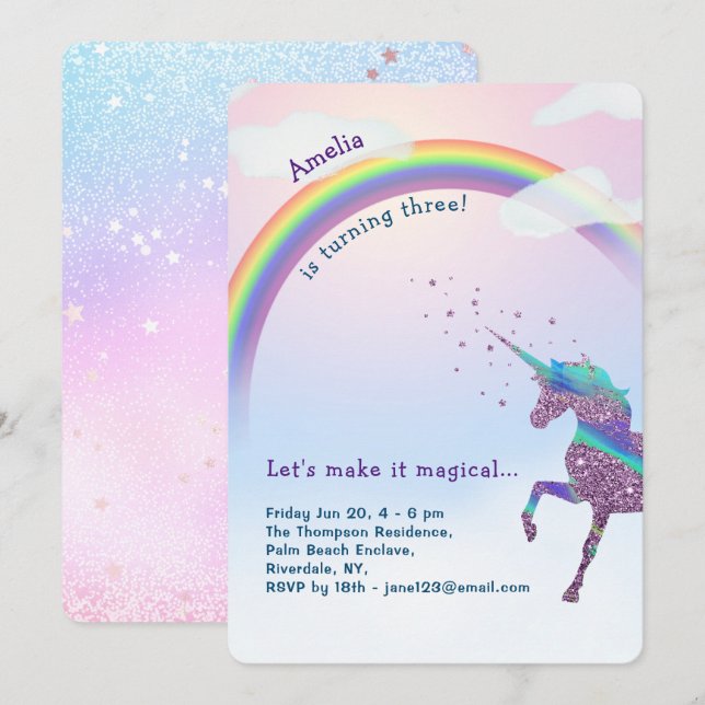 Unicorn Rainbow Glitter Stars Magical Birthday Invitation (Front/Back)
