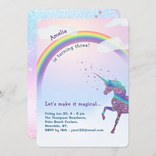 Unicorn Rainbow Glitter Stars Magical Birthday Invitation