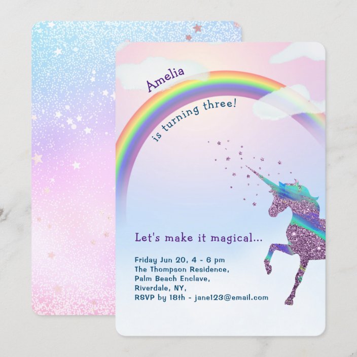 Unicorn Rainbow Glitter Stars Magical Birthday Invitation Zazzle Com