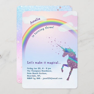 Unicorn Rainbow Glitter Stars Magical Birthday Invitation