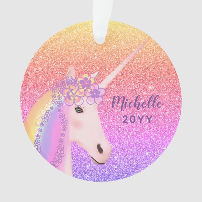 Unicorn Rainbow Glitter Stylish Kids Personalized Ornament (Front)