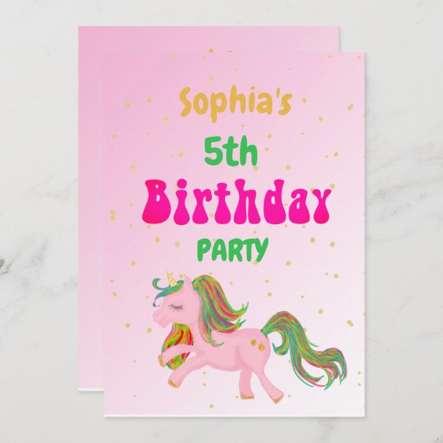 Unicorn Rainbow Gold Cute Birthday Invitation (Front/Back)