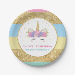 Unicorn Rainbow Gold Glitter Birthday Party Paper  Plates