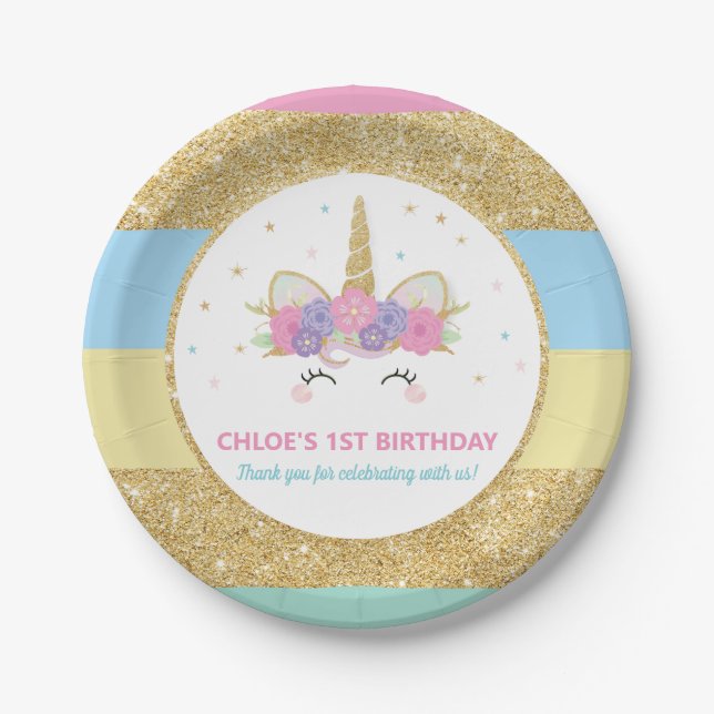 Unicorn Rainbow Gold Glitter Birthday Party Paper  Plates (Front)