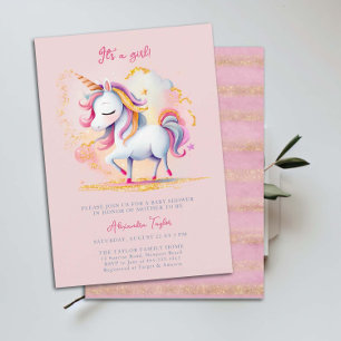 Unicorn Rainbow Gold Glitter Cloud Girl Baby Showe Invitation