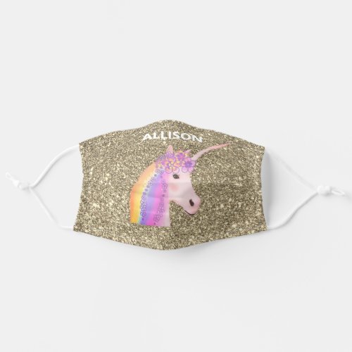 Unicorn Rainbow Gold Glitter Sparkle Personalized Adult Cloth Face Mask