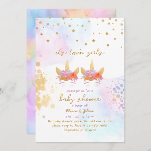 Unicorn Rainbow Gold Glitter Twin Girl Baby Shower Invitation